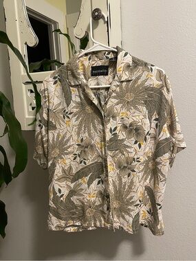 Vintage 90s Rafferty Botanical Hawaiian Shirt Mens Medium Silk Rayon Green Beige